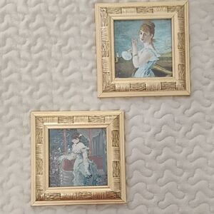 Vintage Gold Framed Impressionist Prints - Blue & White Portrait Set - 6x6